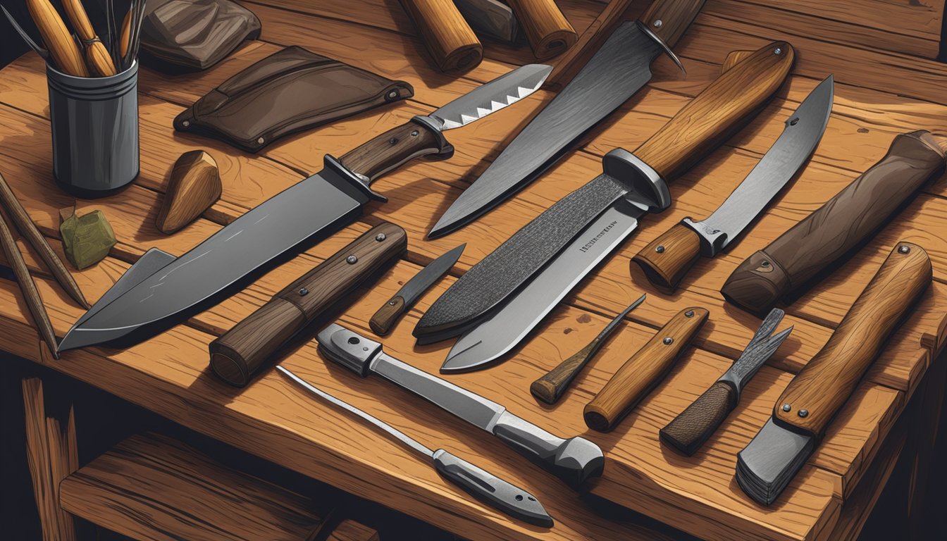 A hunter's hand selecting a field dressing knife from a display of various knives on a wooden table in a rustic hunting cabin