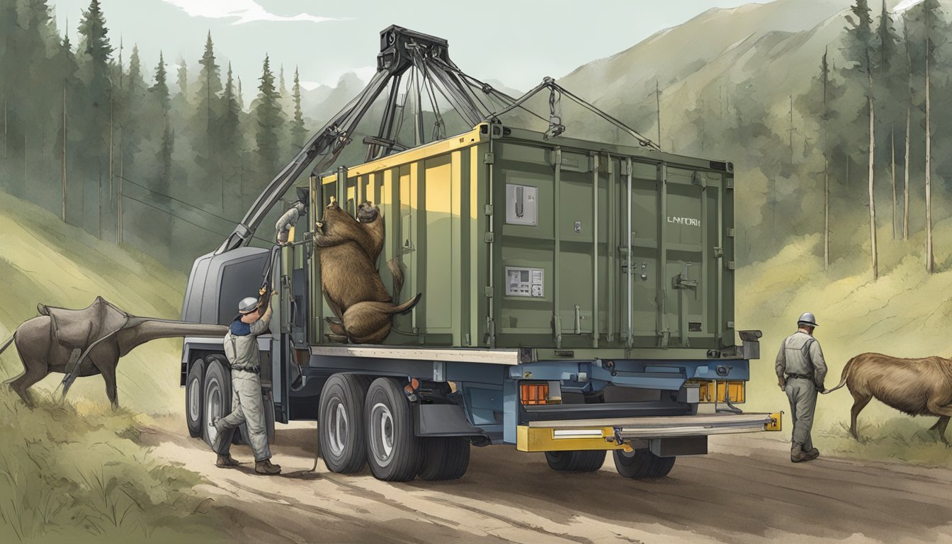 A field dressing hoist lifting a large game animal into a transport container