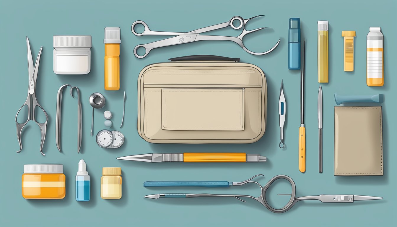 A field dressing kit open on a clean surface, with scissors and various medical tools laid out neatly