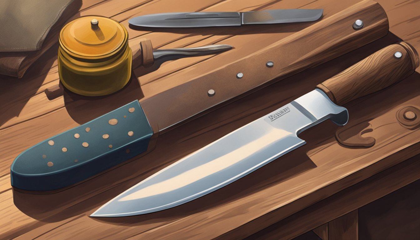 A field dressing knife being cleaned and sharpened on a wooden workbench with a leather strop and oil bottle nearby