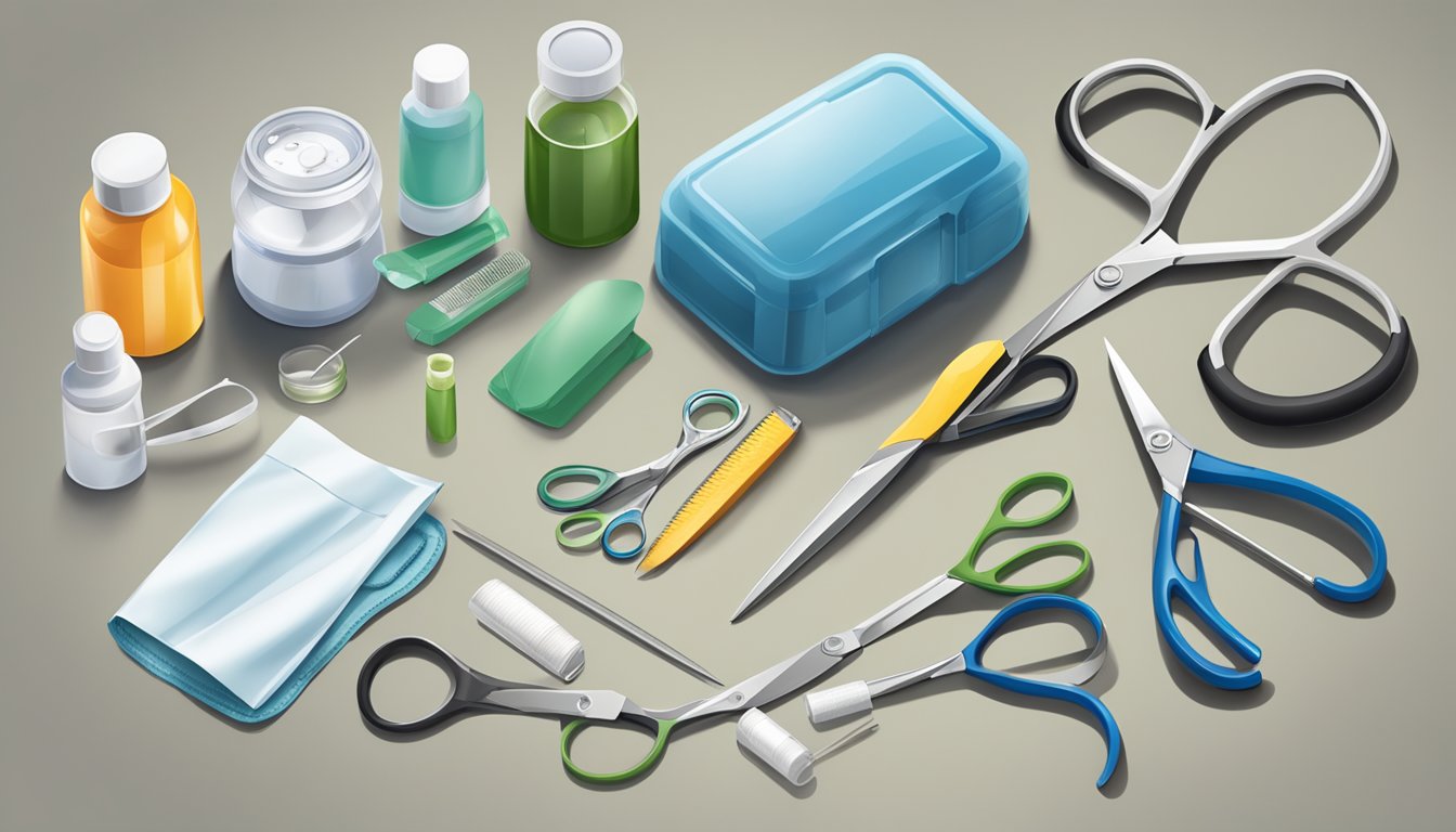 A pair of scissors and various medical supplies laid out on a clean, organized table for a field dressing kit