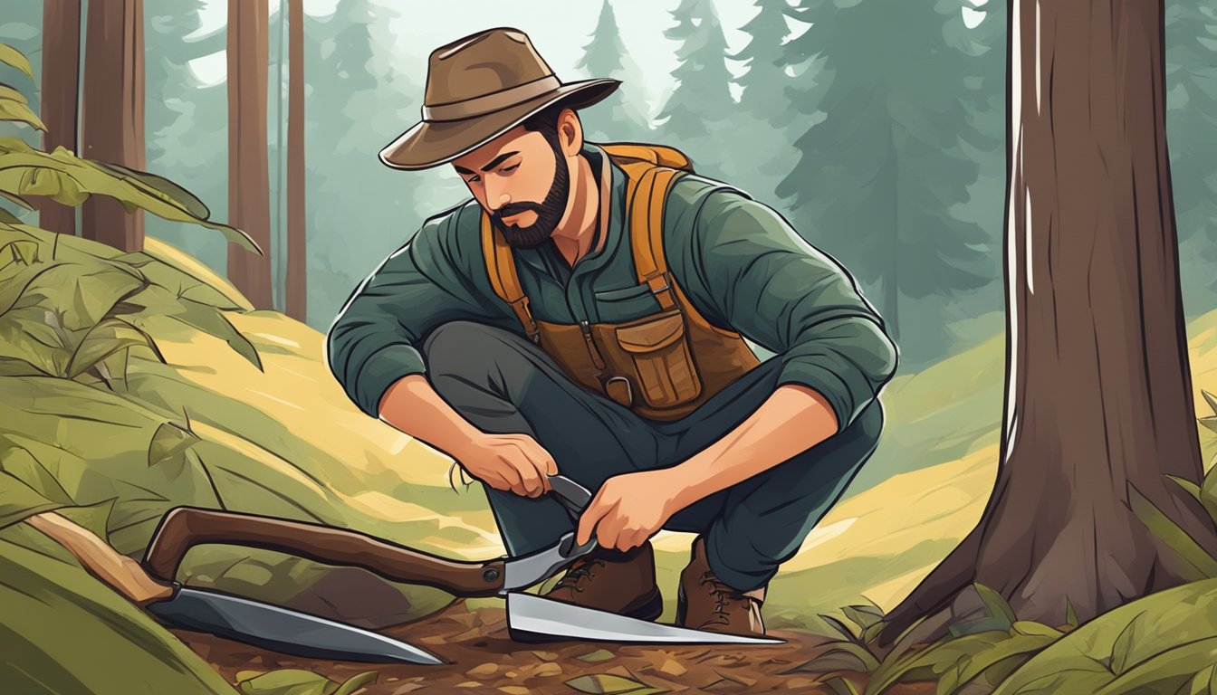 A hunter carefully uses a field dressing knife to clean and prepare a freshly caught animal in the forest