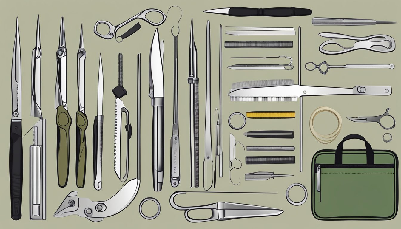 A field dressing kit open on a clean, flat surface with a pair of sharp scissors and various tools neatly arranged