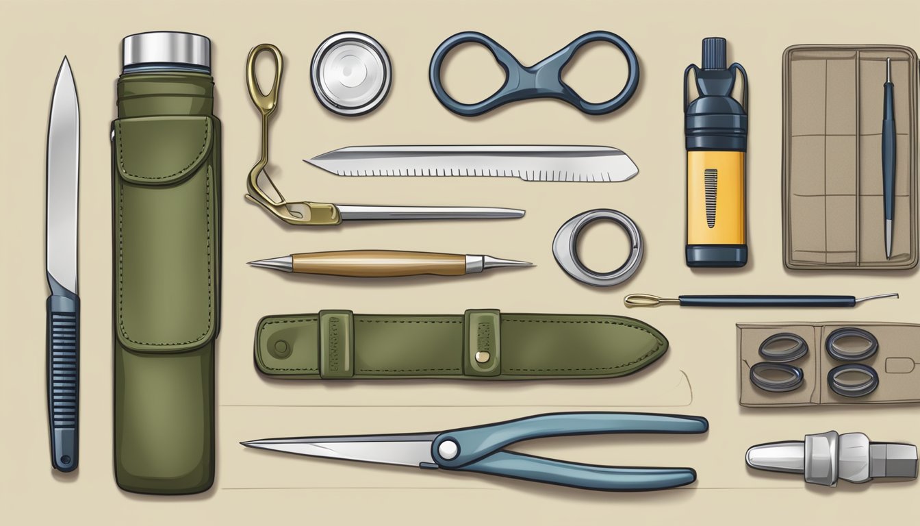 A field dressing kit open on a flat surface, with a pair of scissors and other tools arranged neatly beside it