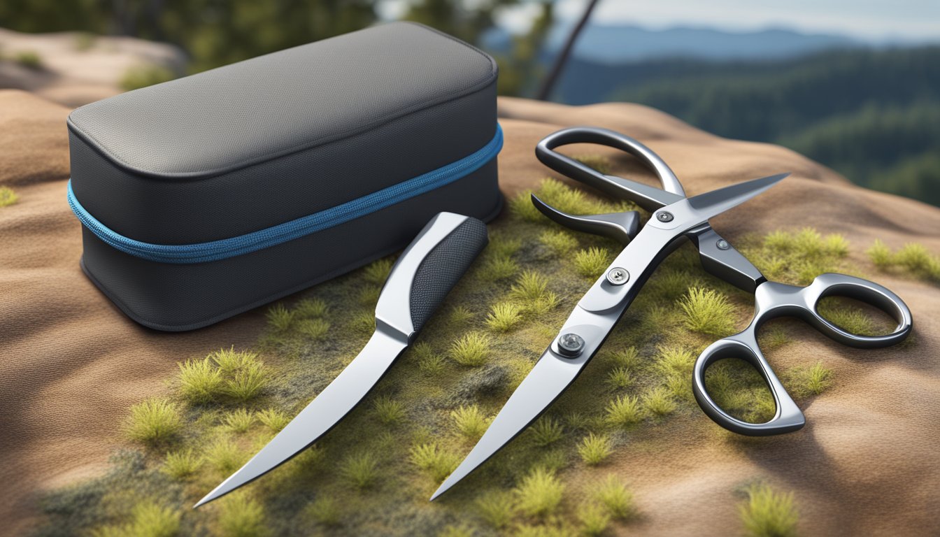 A pair of sleek, stainless steel scissors lies next to a compact field dressing kit, surrounded by rugged outdoor terrain