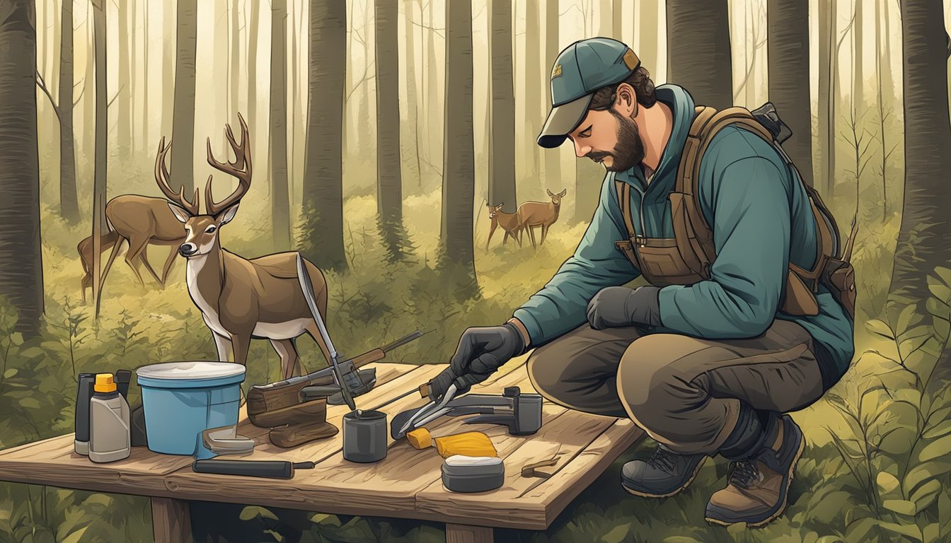 A hunter cleans and disinfects their tools and work area after field dressing a deer