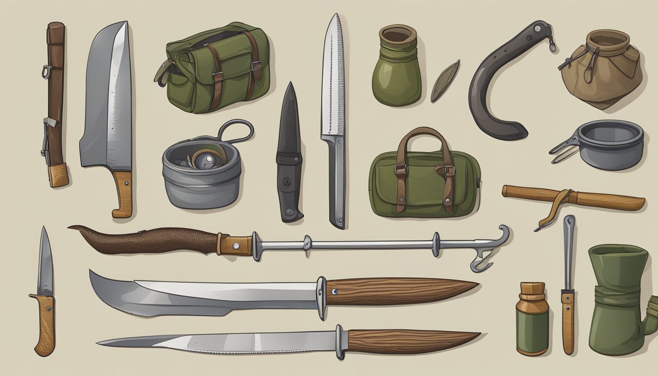 An open field with a hunter's knife, a freshly caught animal, and various tools laid out on a clean, flat surface for field dressing