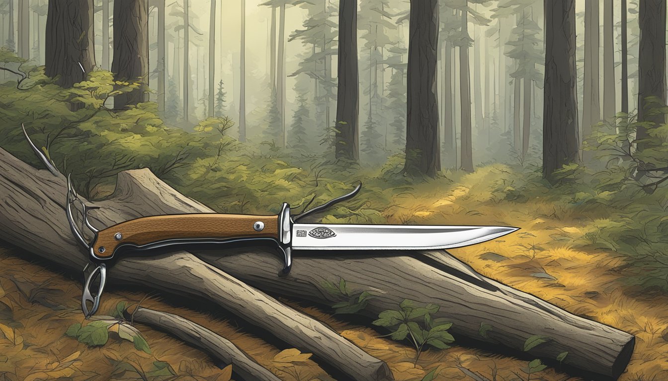 A field dressing knife poised next to a freshly harvested deer in a forest clearing