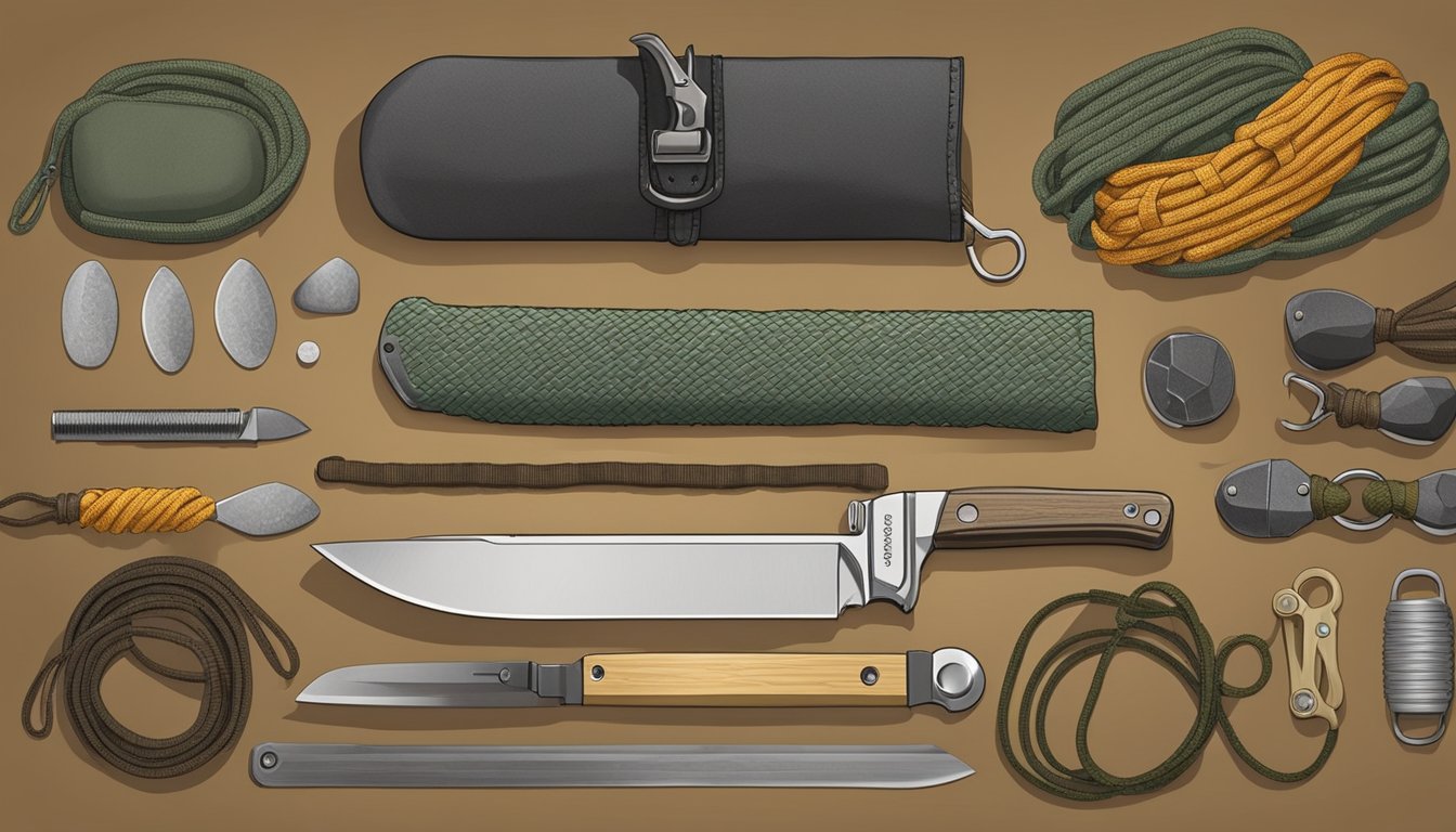 A rugged field dressing knife surrounded by various accessories and add-ons, such as sharpening stones, paracord, and sheaths, displayed on a wooden tabletop