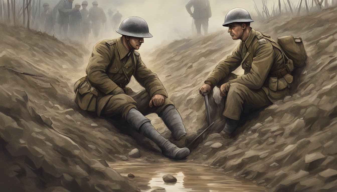 A soldier in uniform field dresses a wounded comrade in a muddy trench during World War 1