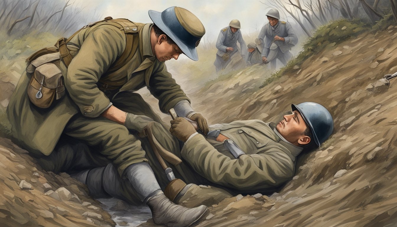 A medical personnel applies a field dressing to a wounded soldier's leg in a muddy trench during World War 1