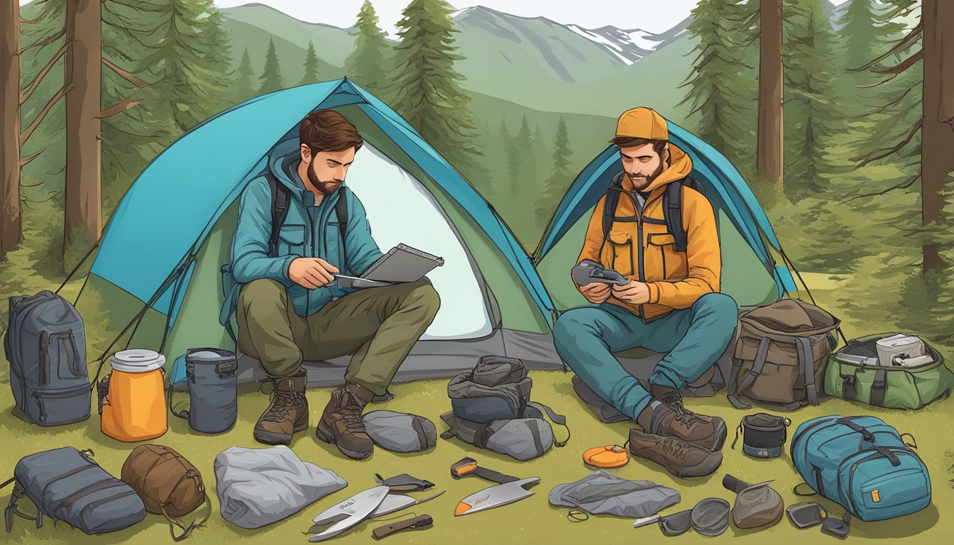 A hiker browsing Reddit for field dressing knife recommendations, surrounded by camping gear and outdoor equipment