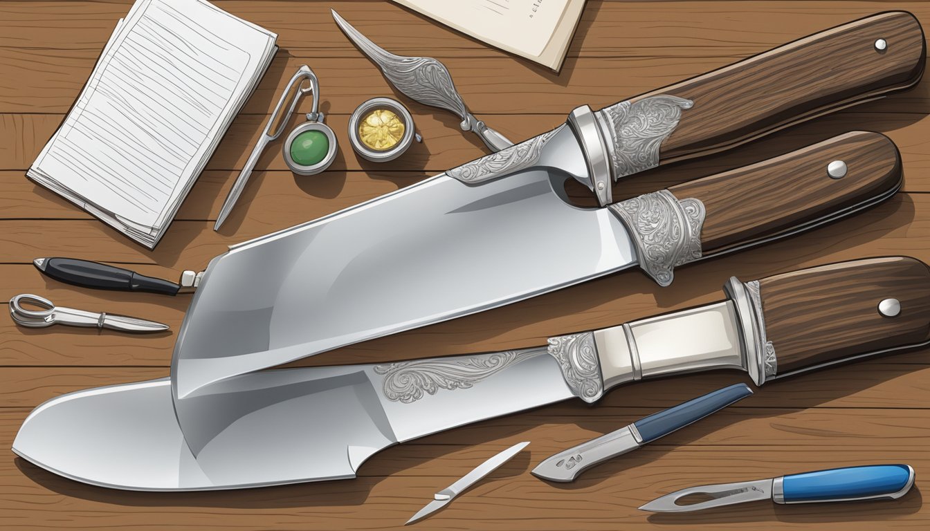 A field dressing knife resting on a wooden table, surrounded by legal and ethical documents