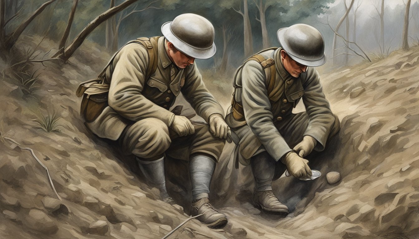 A medic applies a field dressing to a soldier's leg in a muddy trench during World War I