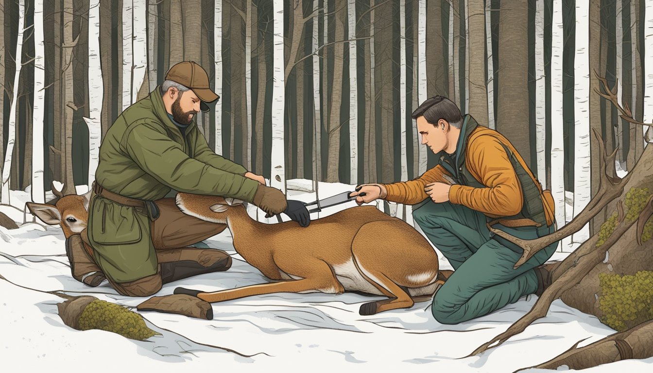 A hunter expertly uses a field dressing knife to skin and prepare a freshly caught deer in a wooded clearing