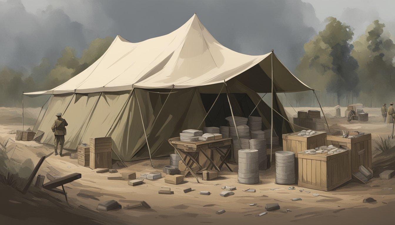 A field dressing station in WW1, with crates of medical supplies, bandages, and equipment scattered around a muddy, makeshift tent