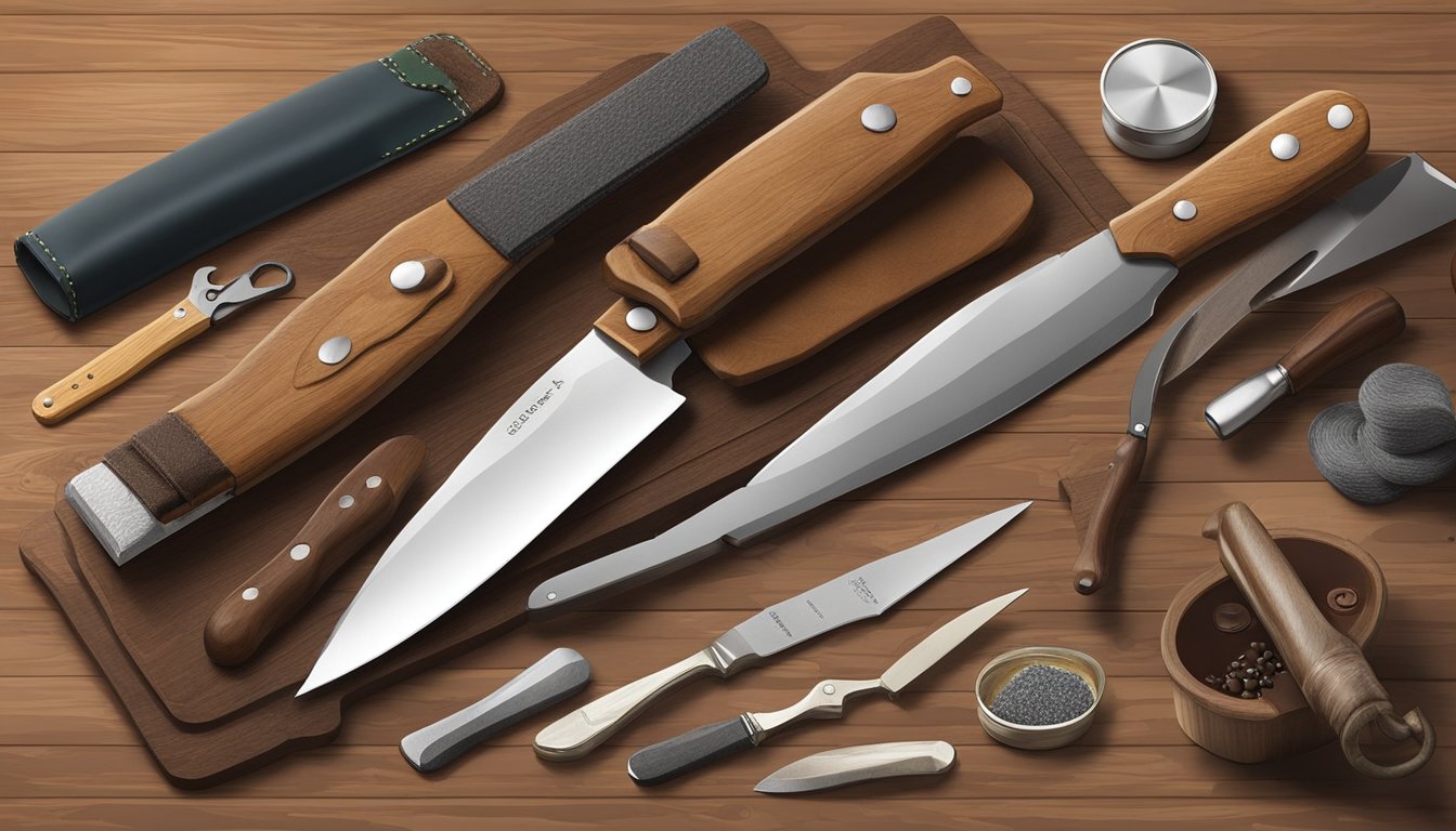 A field dressing knife for deer on a wooden cutting board, surrounded by various knife maintenance accessories such as oil, sharpening stones, and a leather strop