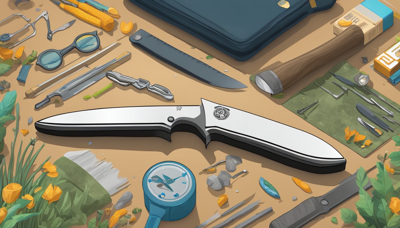 A field dressing knife sits on a digital resources and apps themed background, with a Reddit logo visible in the scene