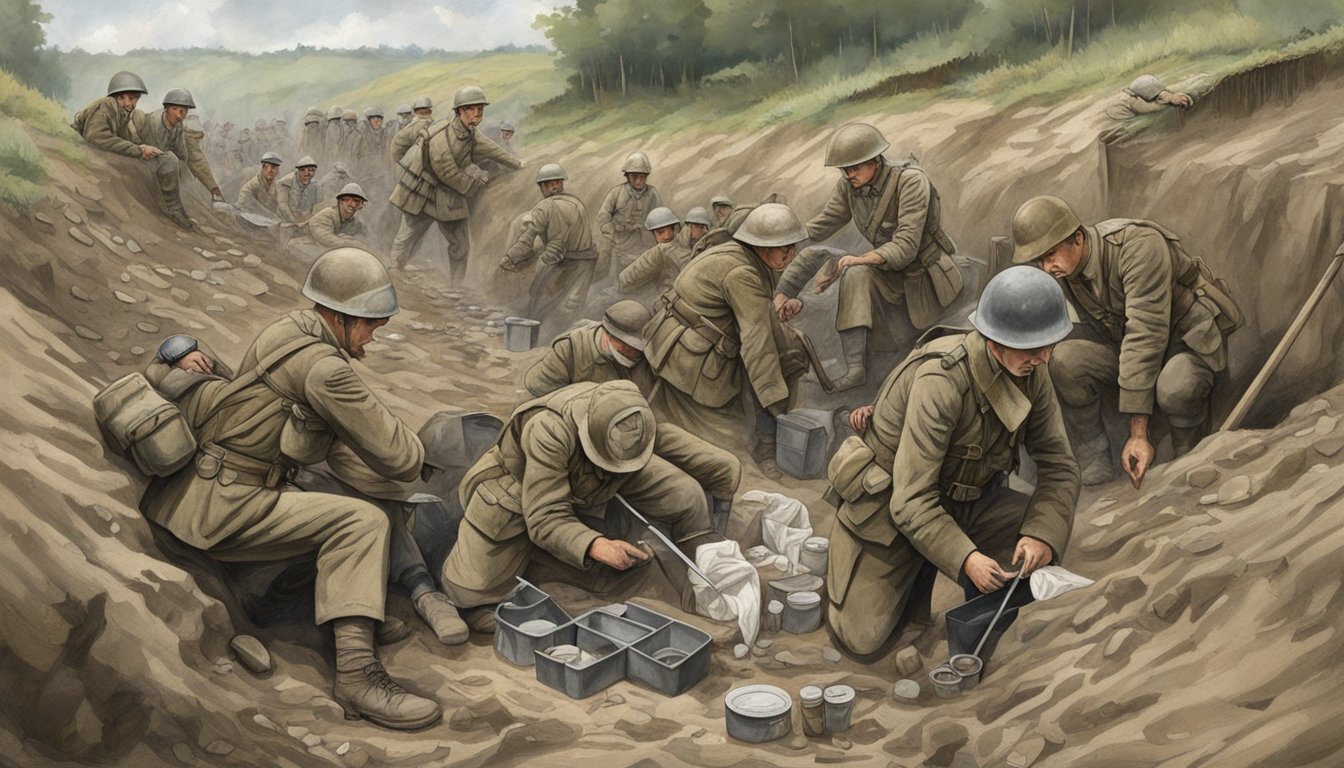 Medical supplies scattered in a muddy trench, with soldiers receiving field dressing for injuries during WW1