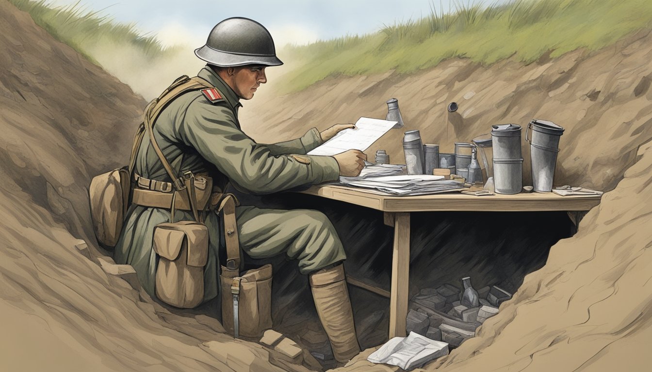 A soldier at a makeshift desk categorizing and recording field dressing supplies in a muddy trench during WW1