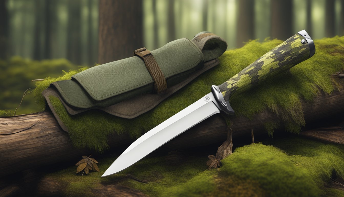 A hunter's field dressing knife displayed on a mossy log in a dense forest, with hunting gear and camouflage clothing in the background