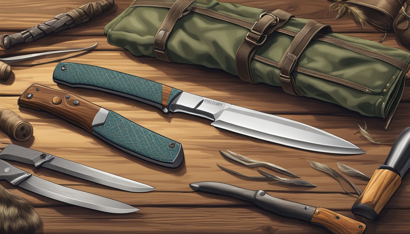 A high-quality field dressing knife set laid out on a wooden table surrounded by hunting gear and a freshly caught game