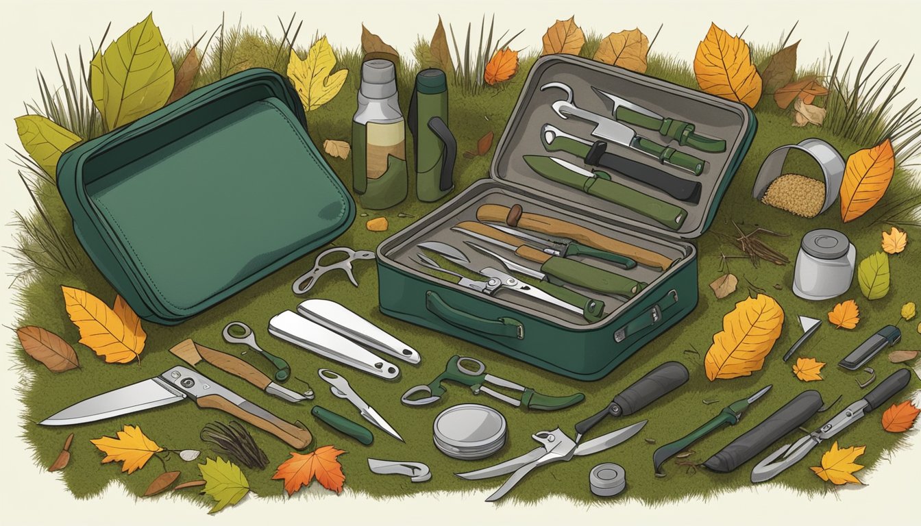 A portable field dressing kit displayed open on a mossy forest floor, surrounded by fallen leaves and twigs. The kit includes a variety of knives, scissors, and other tools neatly organized in compartments