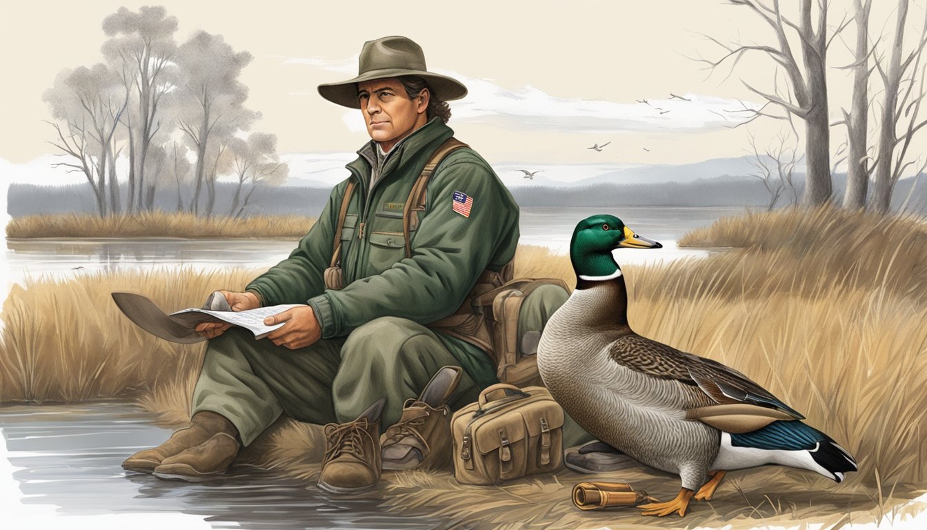 A hunter field dresses a mallard duck amidst hunting gear and regulations pamphlets