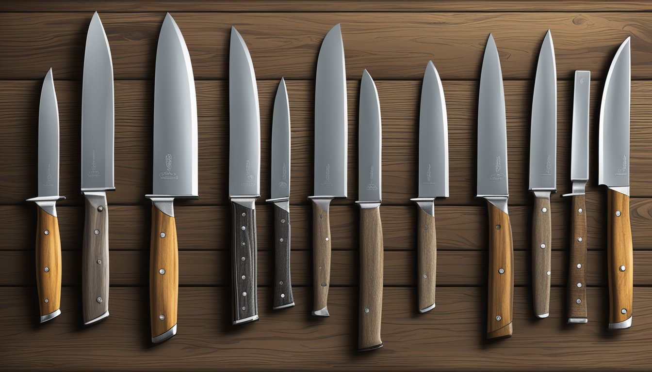 A rugged, weathered field dressing knife set laid out on a rustic wooden table