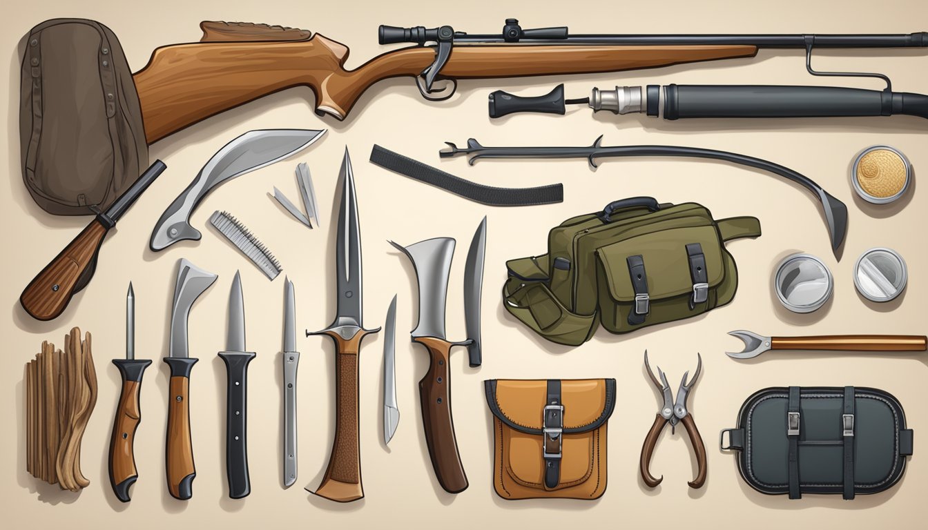 A field dressing kit with various knives and tools laid out on a wooden surface, surrounded by fresh deer antlers and a hunting rifle