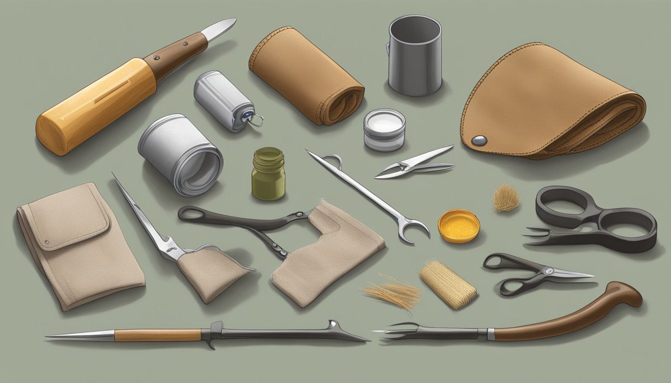 A field dressing kit laid out next to a freshly harvested deer, with tools and materials arranged neatly on a clean surface