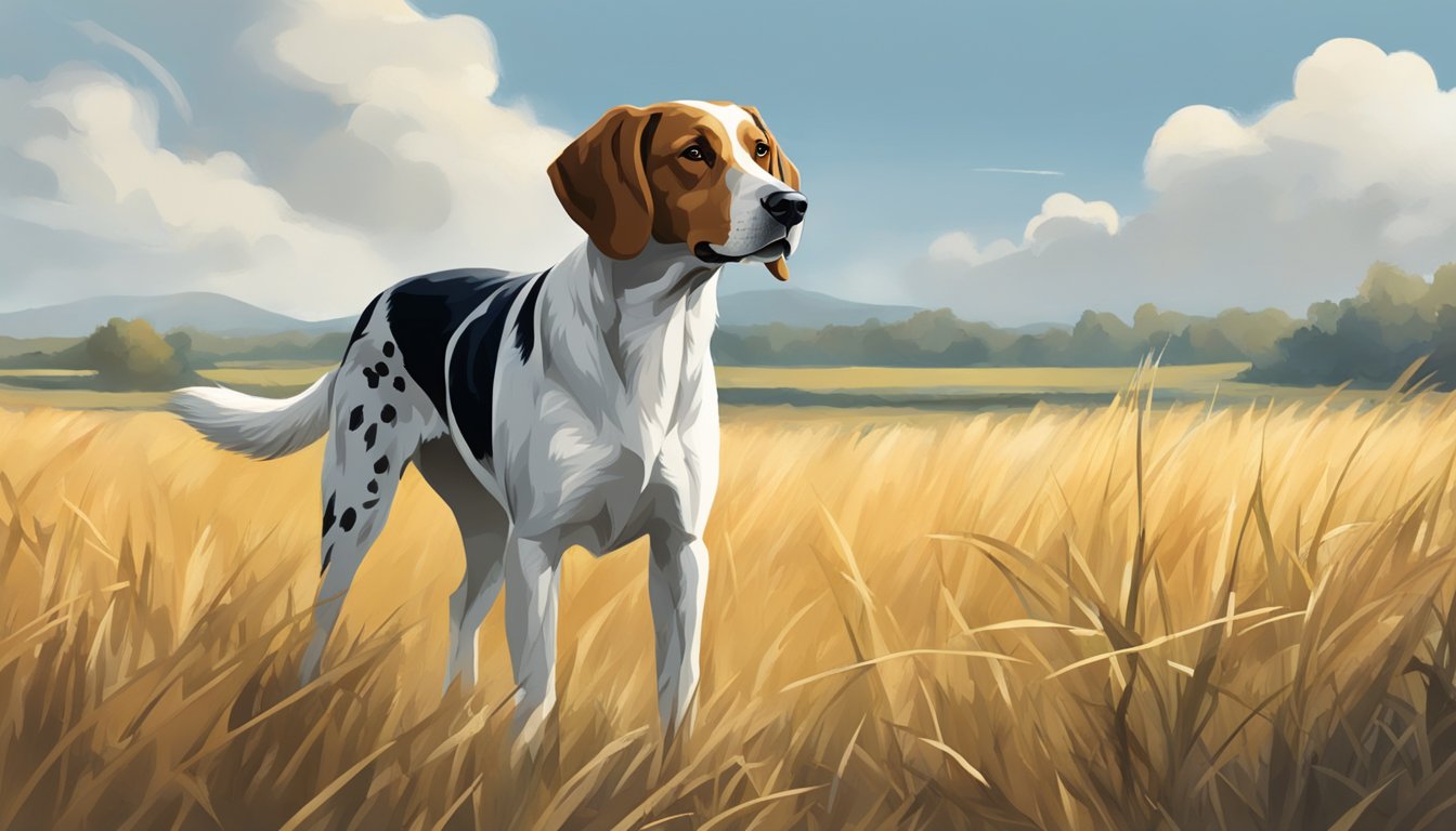 A hunting dog with a keen gaze, standing alert in a field, ears perked and tail raised, ready to track its prey