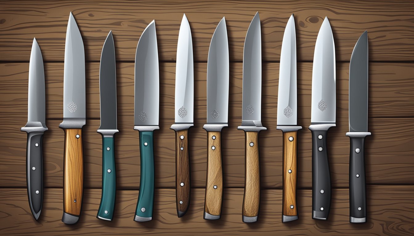 A collection of field dressing knives displayed on a wooden table with a rustic background