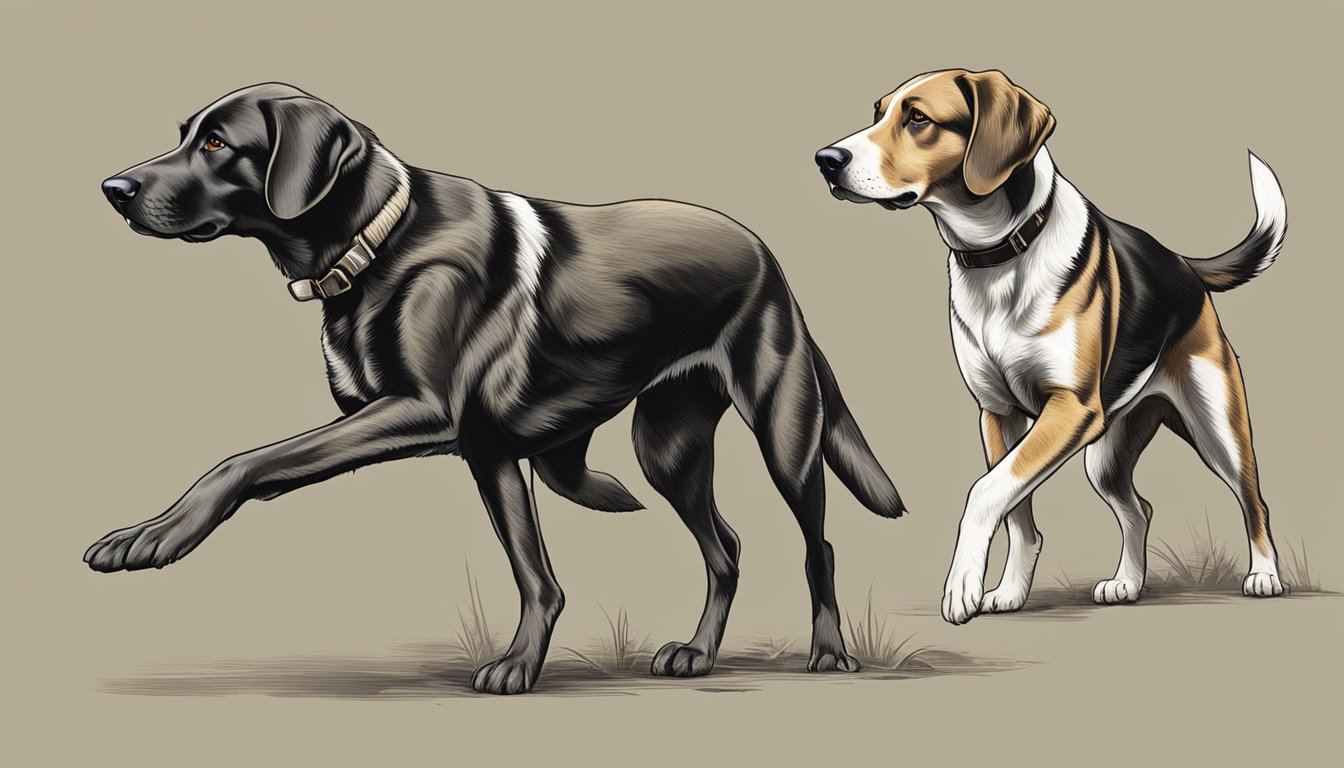 Two hunting dogs with focused expressions, one standing alert and the other crouching low in a ready-to-pounce position