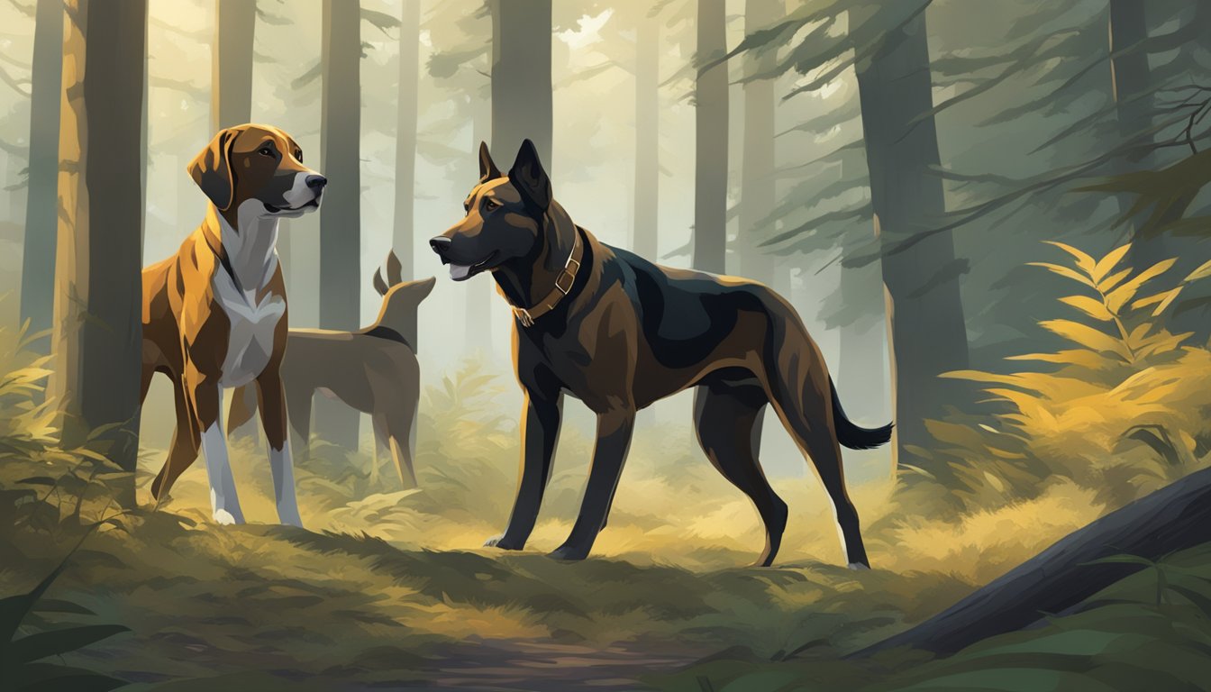 Two sleek, muscular hunting dogs bound through a dense forest, their noses to the ground as they search for their prey