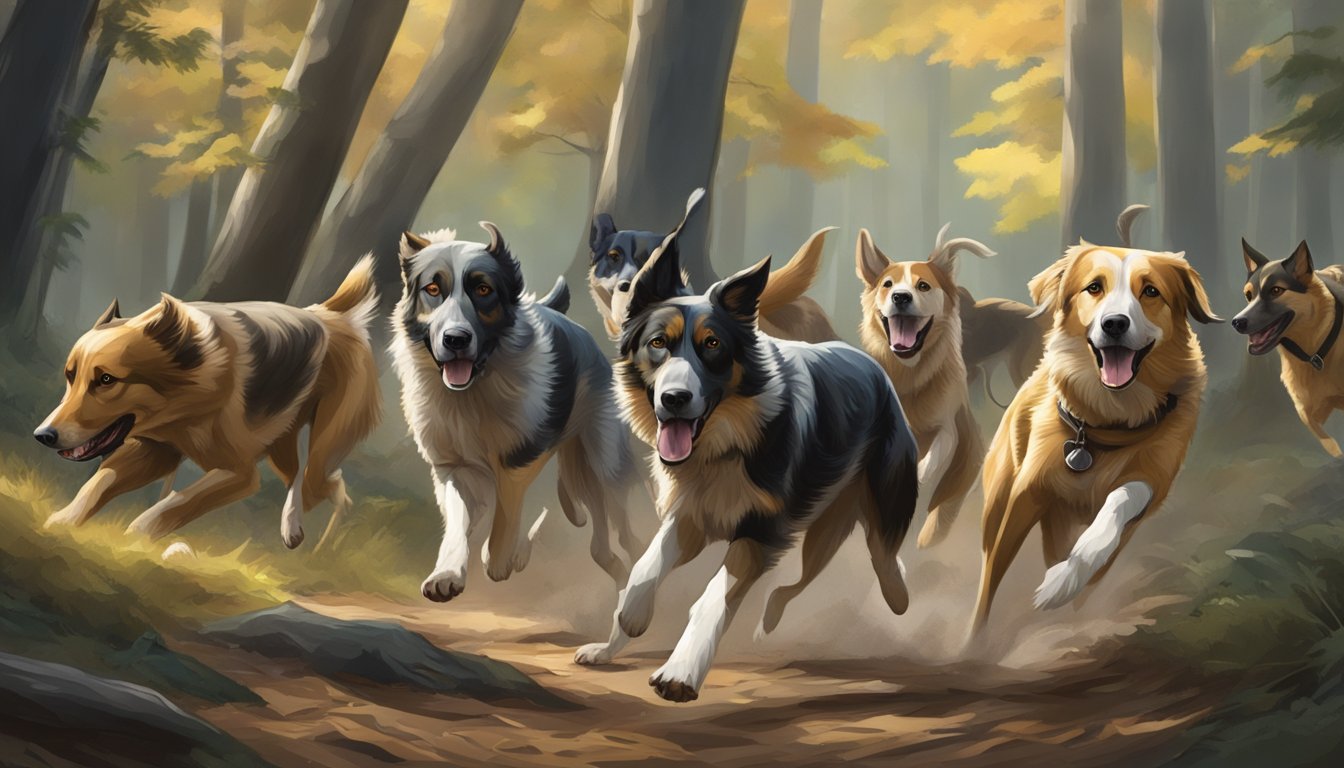 A pack of hunting dogs running through a forest, noses to the ground, tails wagging eagerly