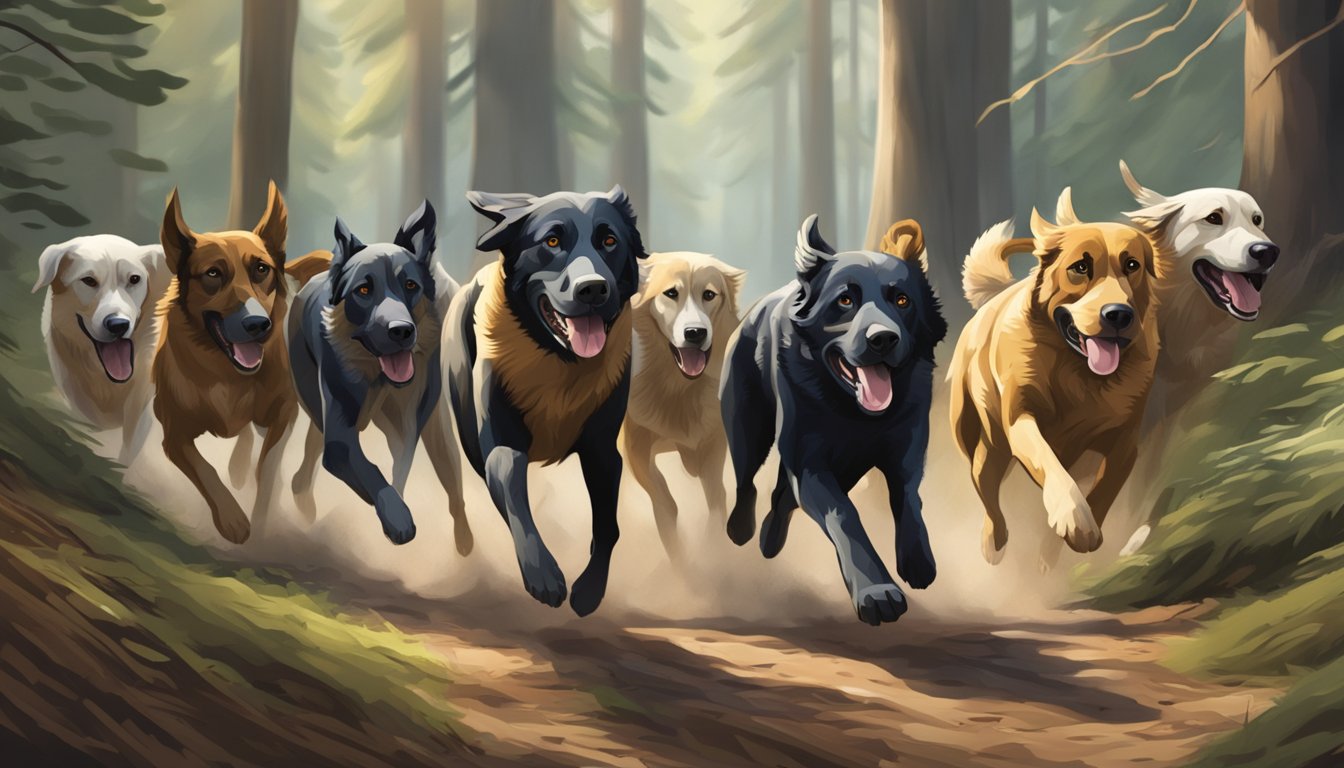 A pack of hunting dogs running through a forest, their noses to the ground as they search for their prey