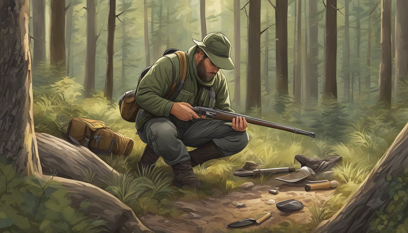 A hunter using a field dressing kit in a wooded area