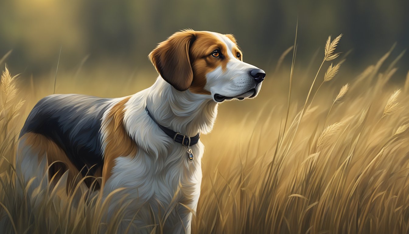 A hunting dog with a keen gaze and alert stance, standing in a field with tall grass and a distant forest