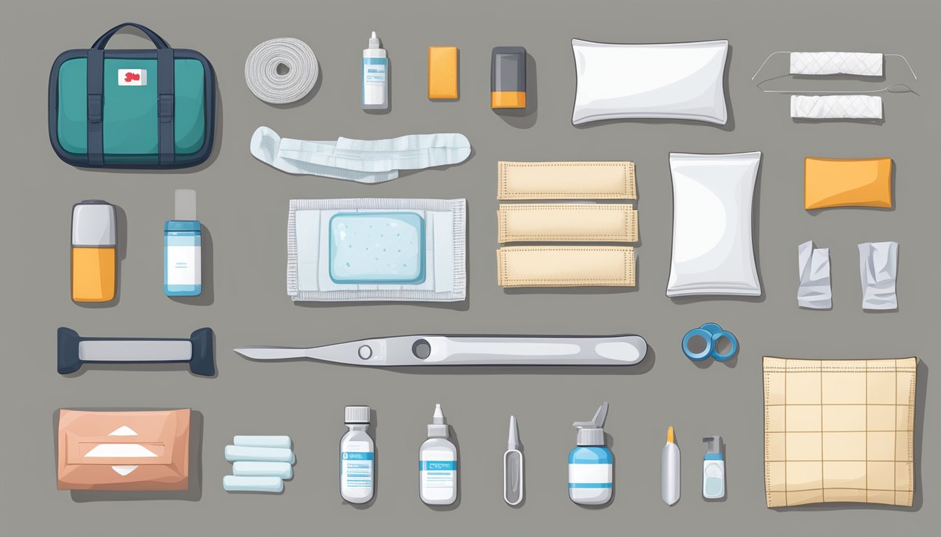 A field dressing kit laid out on a flat surface, including bandages, antiseptic wipes, gauze, scissors, and medical tape