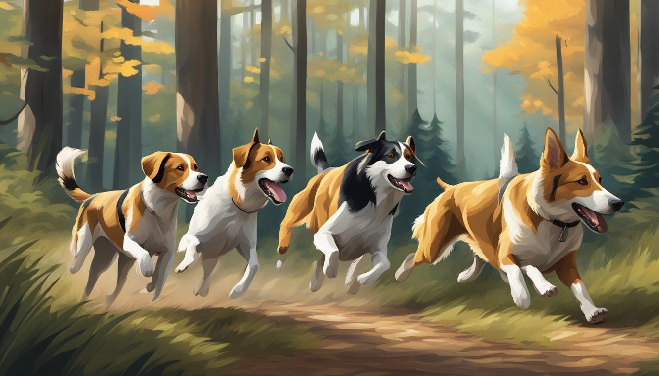 A pack of popular hunting dog breeds running through a forest, noses to the ground, tails wagging