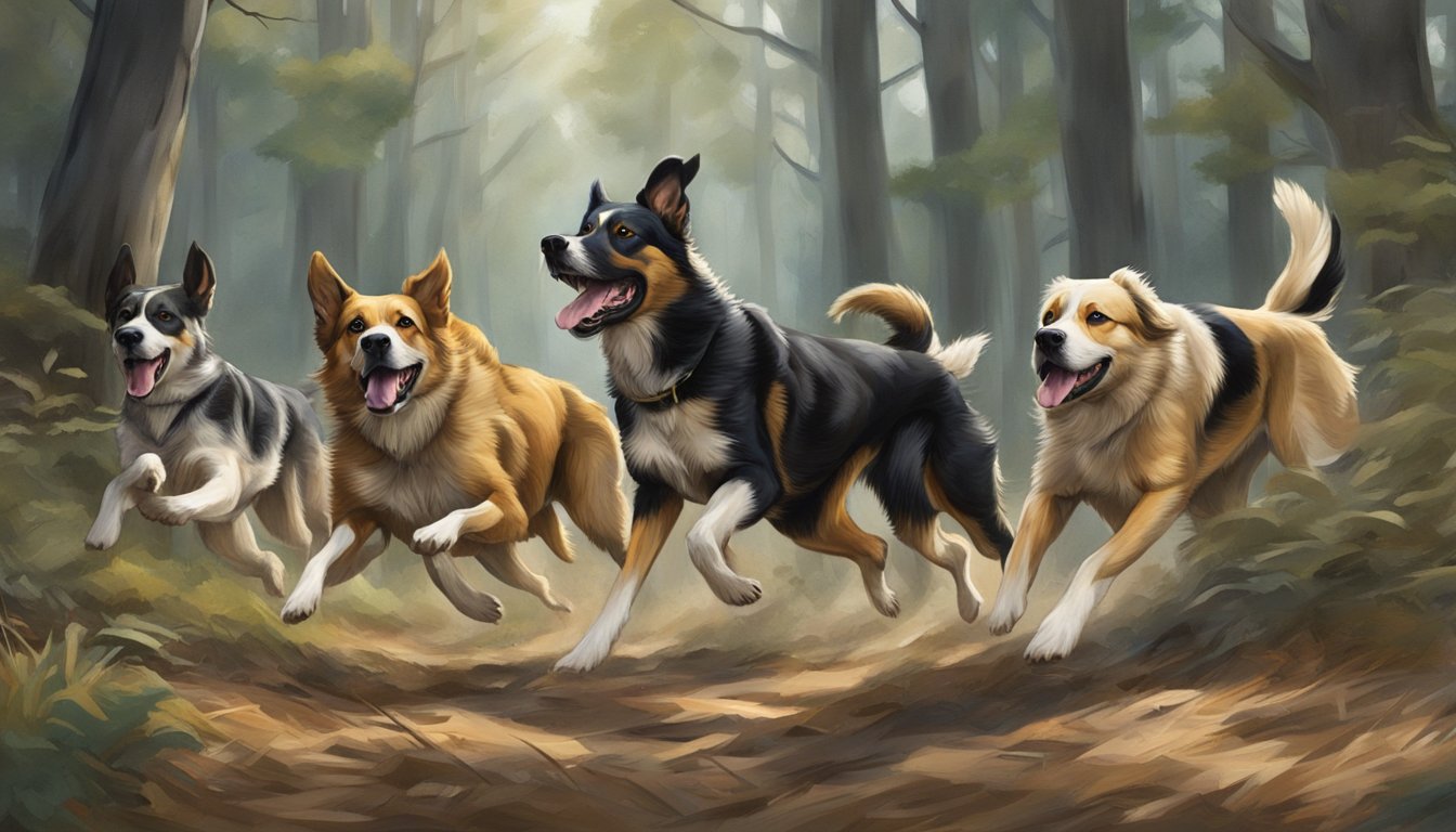 A pack of hunting dogs running through a wooded area, noses to the ground, tails wagging eagerly