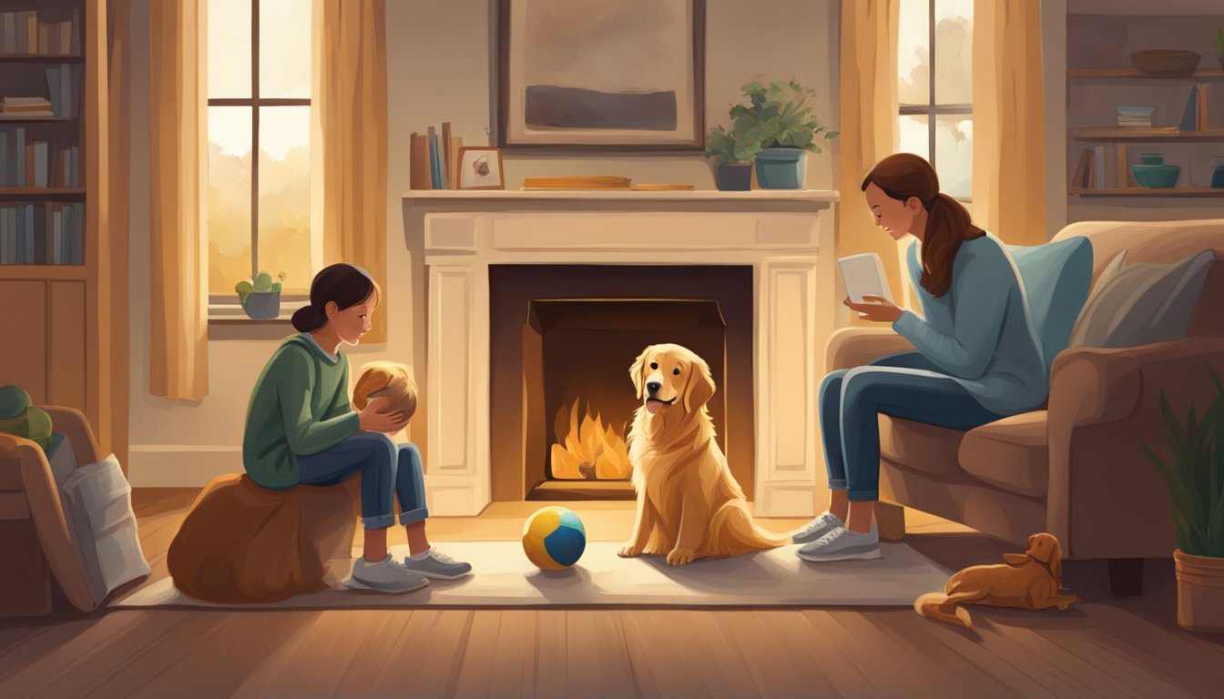 A golden retriever sits by a fireplace, surrounded by a family. A child holds a ball while the dog looks on with a content expression