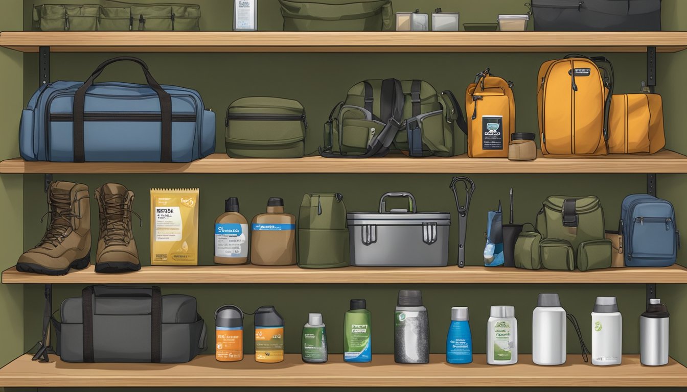 A field dressing kit displayed on a shelf at Walmart, surrounded by outdoor gear and hunting supplies