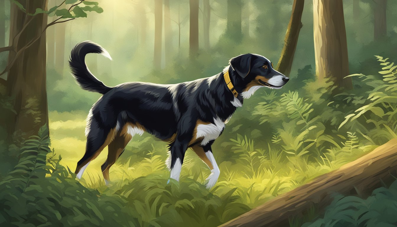 Two energetic hunting dogs, Health and Maintenance, eagerly sniffing and searching through a lush forest for their prey