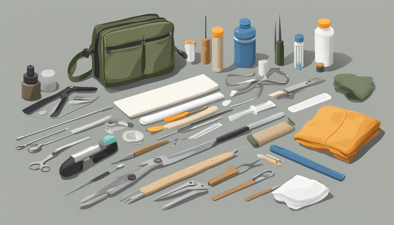 A field dressing kit laid out on a clean, flat surface, with various tools and supplies neatly organized and ready for use