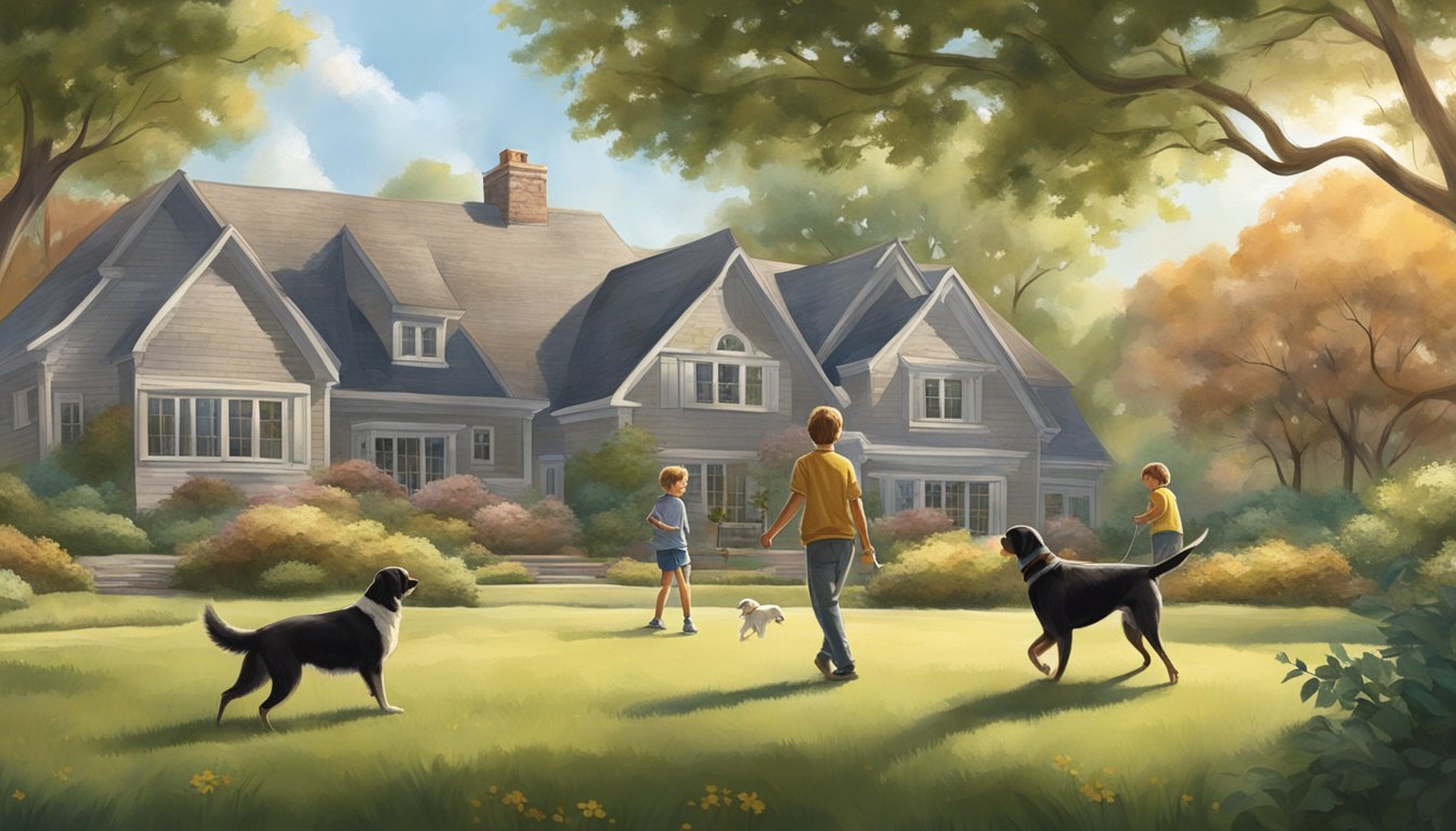 A family playing fetch with a hunting dog in a spacious backyard, surrounded by trees and a serene landscape