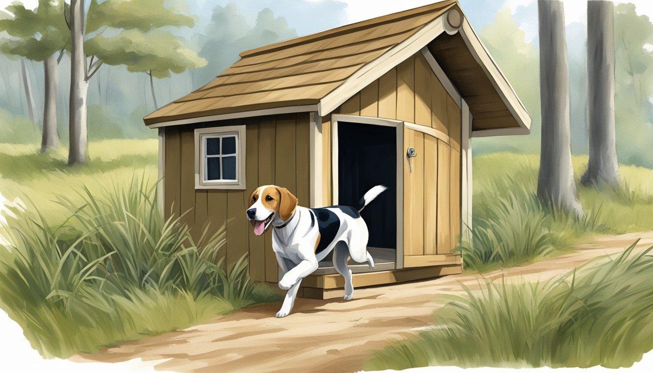 A hunting dog runs through a wooded area, sniffing the ground and eagerly searching for a scent. A cozy, outdoor dog house is nestled in the corner of a fenced yard, surrounded by tall grass and trees