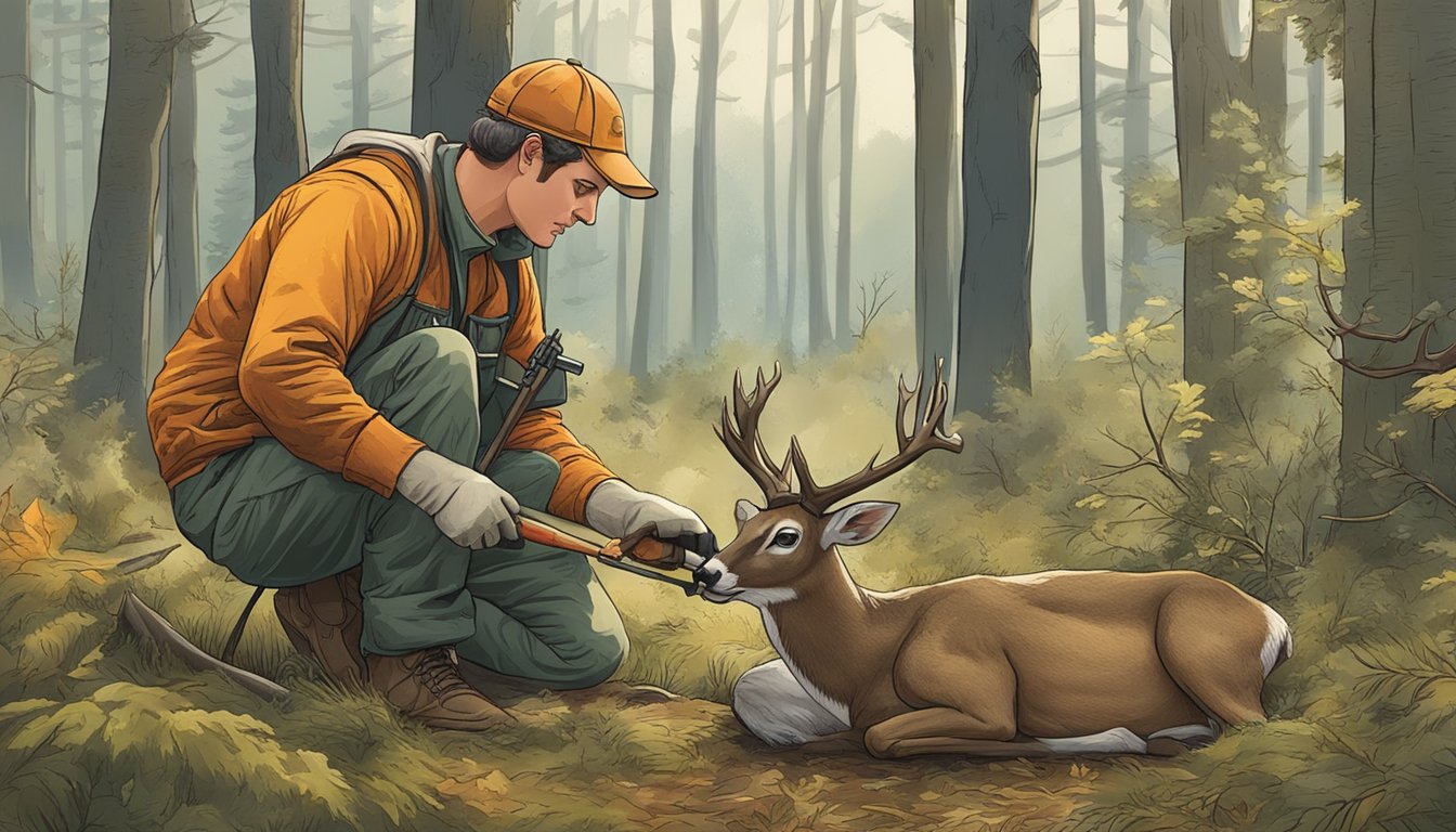 A hunter using a field dressing kit to clean and prepare a freshly caught deer in a forest clearing