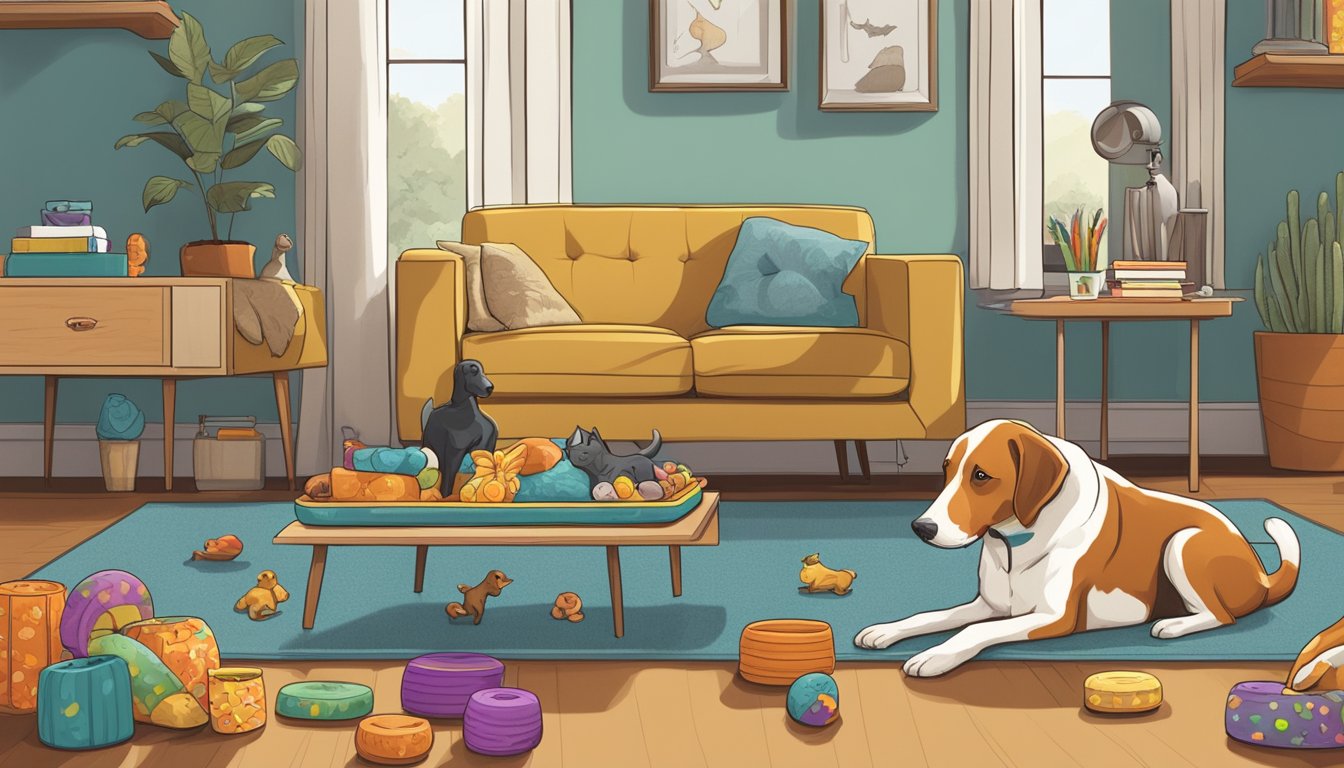 A modern hunting dog lounges in a cozy living room, surrounded by toys and treats, as its owner affectionately pets its head